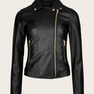 Modern Black Pleather Motorcycle Biker Jacket with Gold Tone Zippers and Mandarin Collar